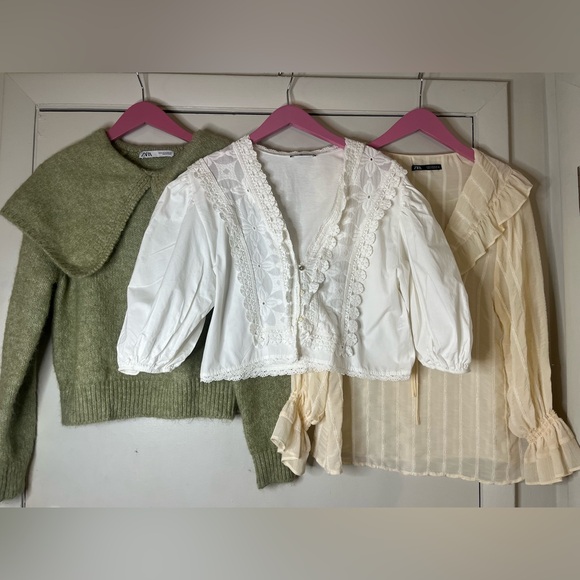 Zara medium bundle green collared sweater white cotton eyelet top ivory Blouse - Picture 1 of 16